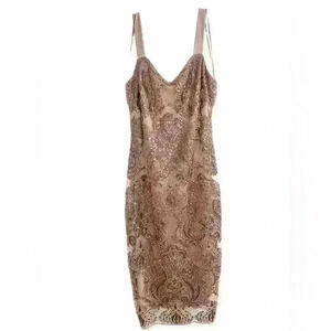 R&M Richard’s Taupe Sheath Dress with Rosegold Sequin Overlay